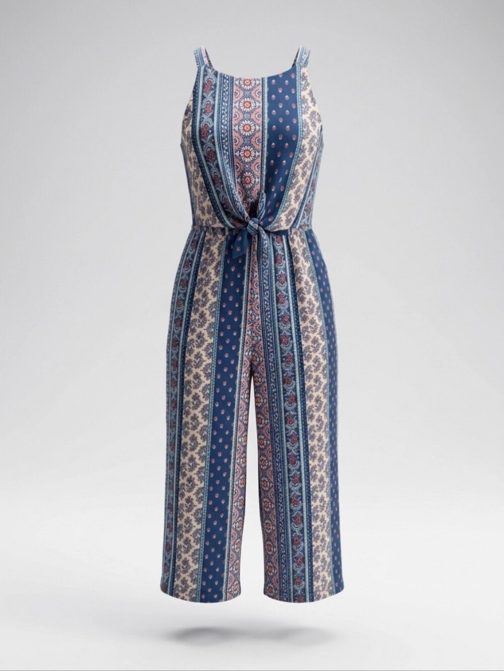Knitworks Blue Patterned Sleeveless Tie-Front Jumpsuit